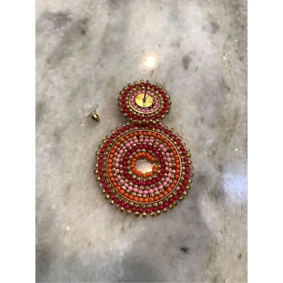 Pink Orange Circle Stripes Seed Bead Earrings #round earrings #bohemian #beach - Picture 3 of 3